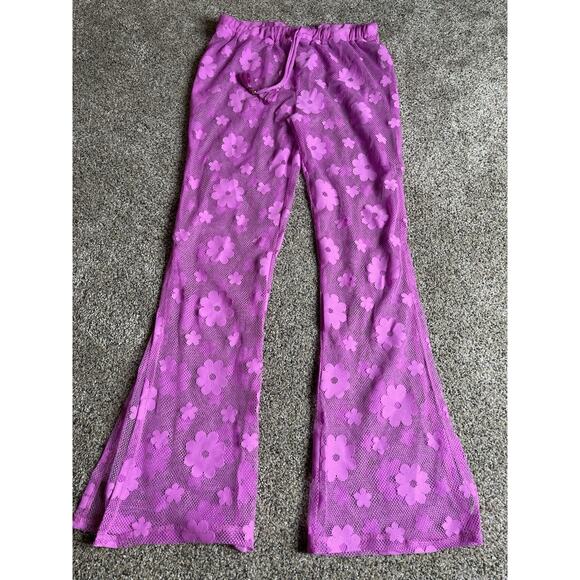 Miken Swim Flower Sheer Coverup Casual Pants Pink Purple Festival Sz Medium - Picture 1 of 8
